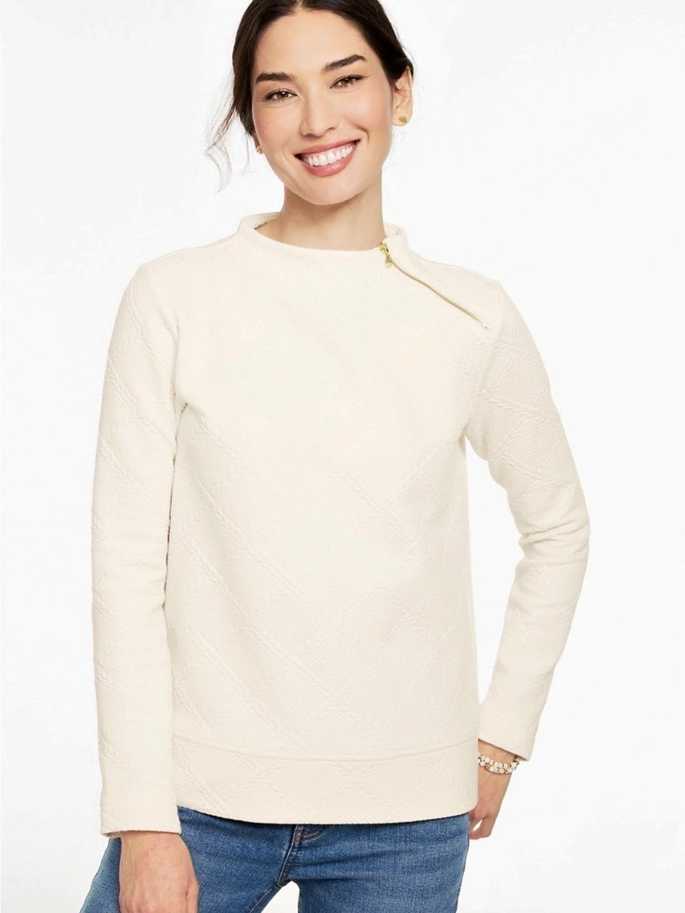 Talbots Cable Knit Quilted Zip Neck Pullover Ivory Small Like New Preppy Chic